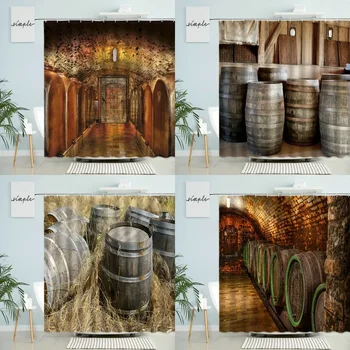 Реколта стари дървени винарска изба душ завеса дъб барел грозде страна селска къща баня стена декор с кука водоустойчив екран