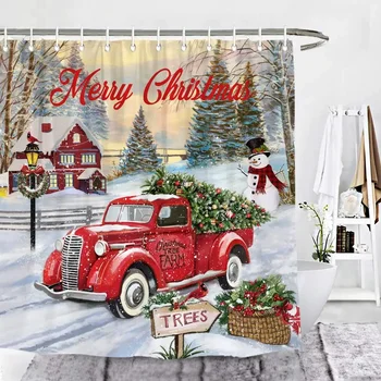 Весела Коледа червено реколта камион душ завеса дърво зима сняг снежен човек селски ретро селска къща душ завеса баня декор