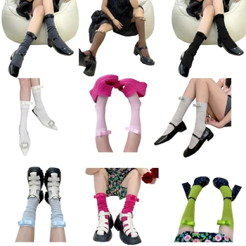 Дамски Bowknot коляното високи чорапи черен бял плътен цвят теле чорап чорапи