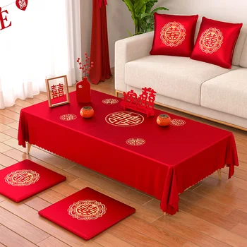 Покривка за маса Сватбена маса за чай Червена сватбена церемония правоъгълна покривка за маса нова китайска сватбена дума кръгла маса червена покривка