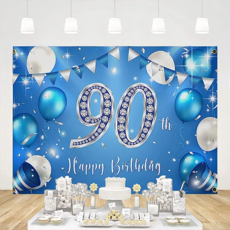 Честит 90-ти рожден ден Син бял балон фон декор Наздраве за 90 години Парти банер снимка фон декорации жени мъже